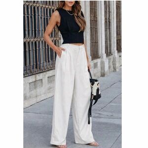 Elegant White Wide Leg Trousers High Waist Flowy Chic Womens XL